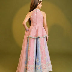 A woman modeling a pink and light blue traditional Indian outfit with intricate embroidery, shown from the back against a solid olive green studio background.