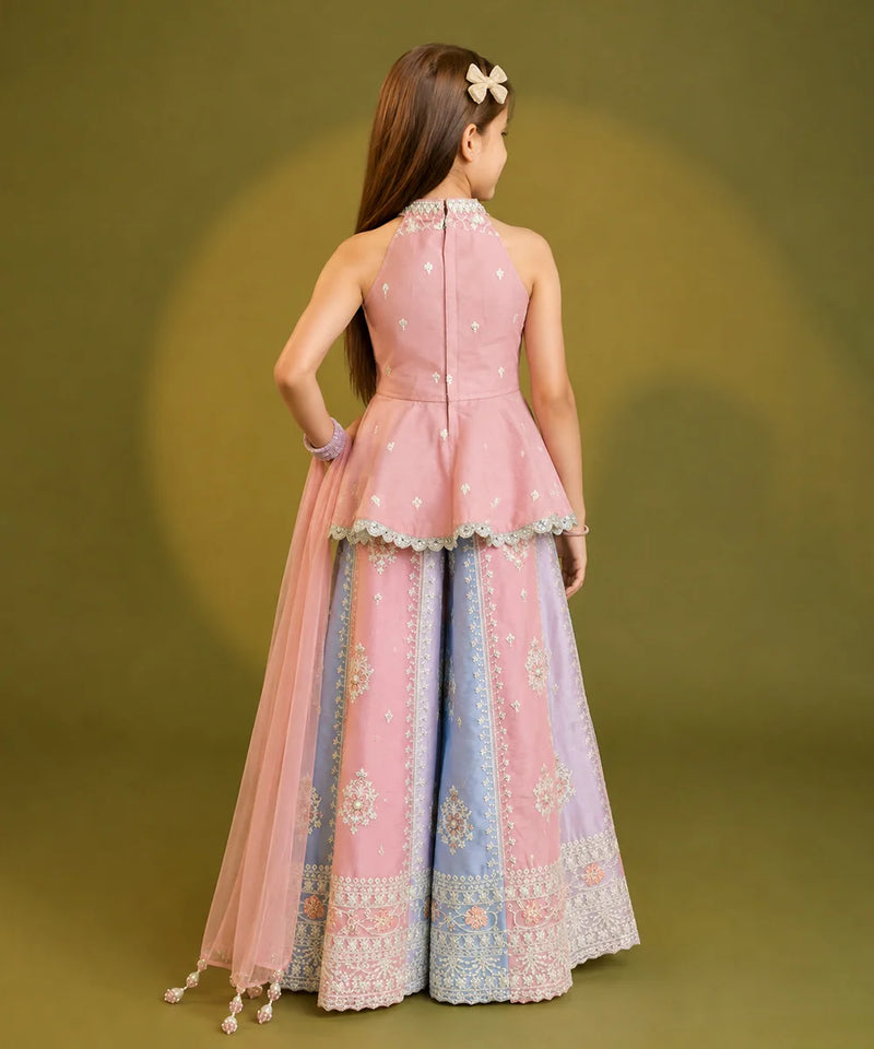 A woman modeling a pink and light blue traditional Indian outfit with intricate embroidery, shown from the back against a solid olive green studio background.