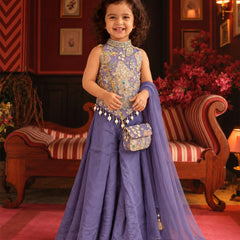 Girls' lavender purple embroidered sharara set with dupatta and sling bag by Devils N Angels