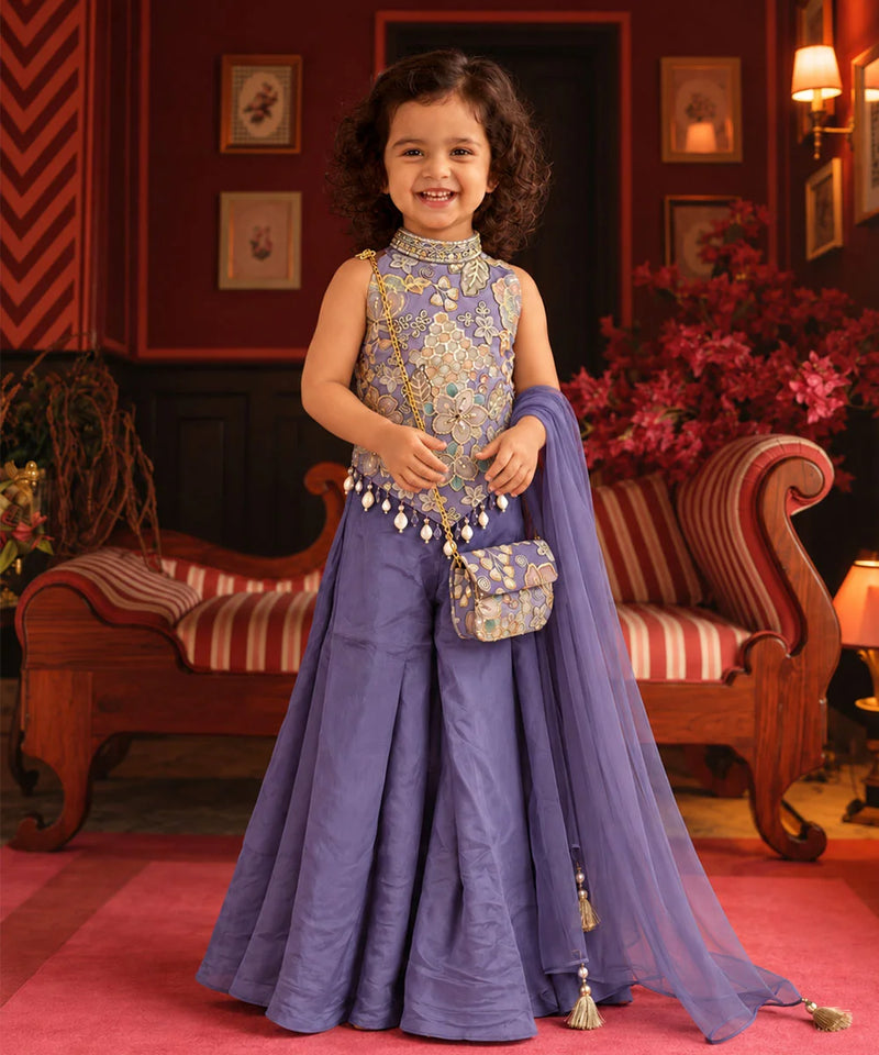 Girls' lavender purple embroidered sharara set with dupatta and sling bag by Devils N Angels