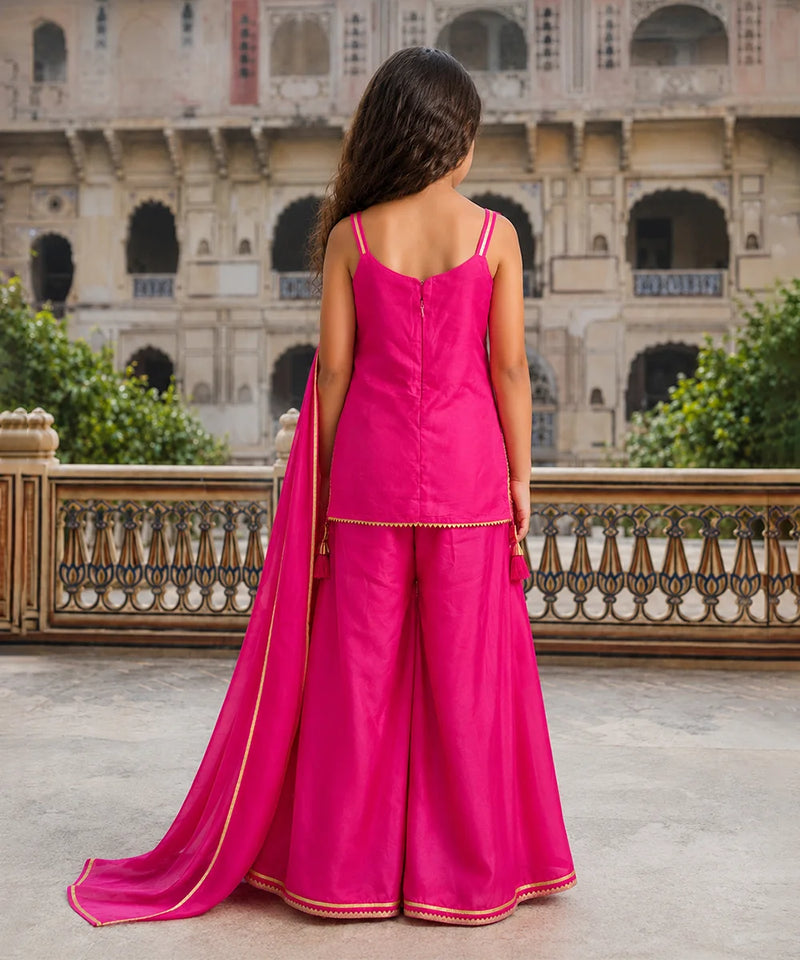 A woman stands with her back to the camera wearing a bright fuchsia pink traditional outfit with a matching dupatta, featuring gold border detailing, set against a historic stone courtyard with a palace facade in the background.