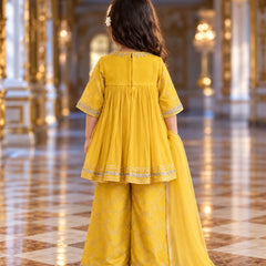 Yellow embroidered haldi sharara set for little girls with peplum kurta and net dupatta