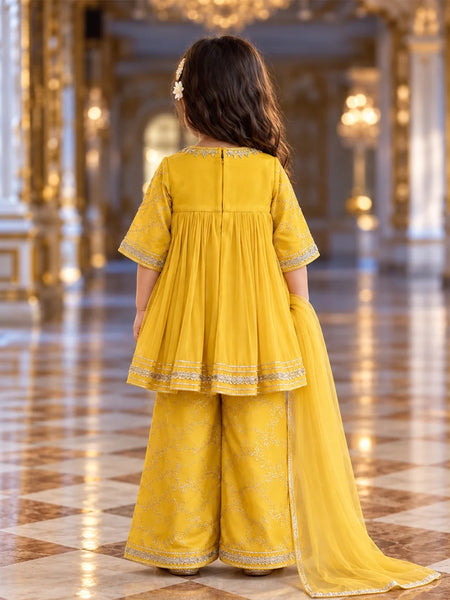 Girls' yellow peplum sharara set with net dupatta, view 2