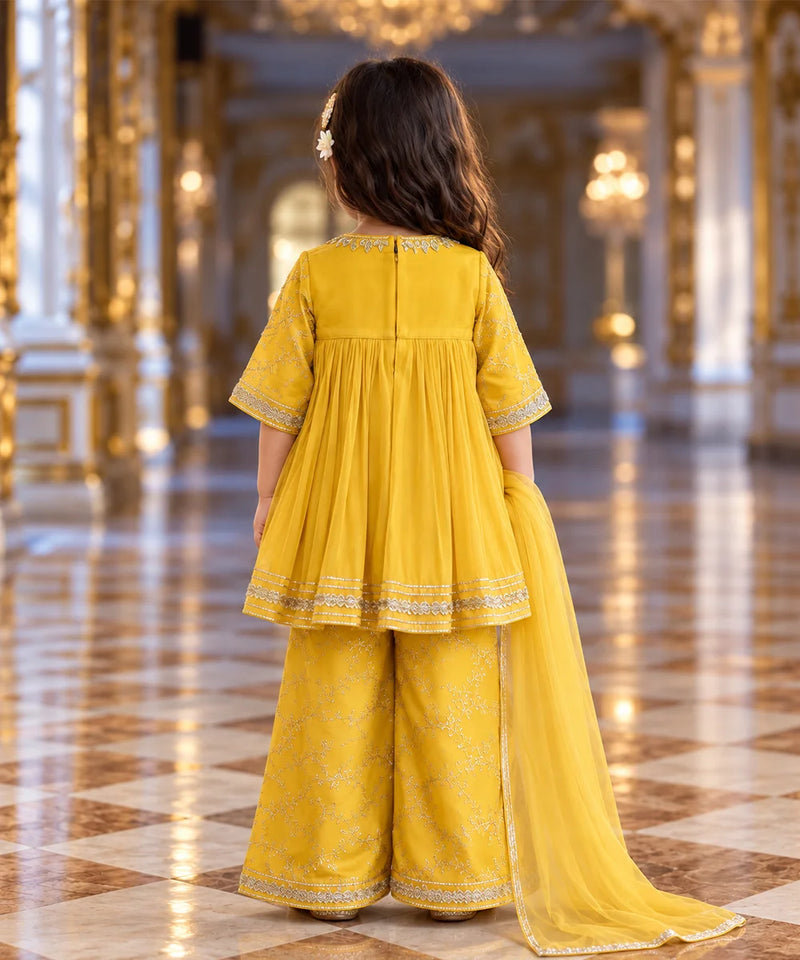 Yellow embroidered haldi sharara set for little girls with peplum kurta and net dupatta