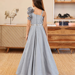Back view of girls' grey floral party gown with metallic belt