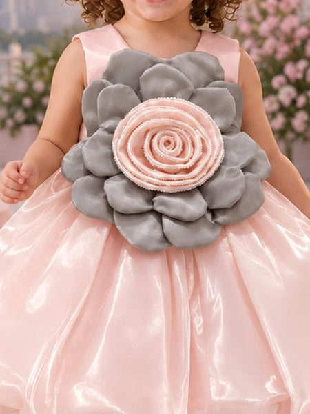Baby girls' pink and grey flower puff dress, view 2