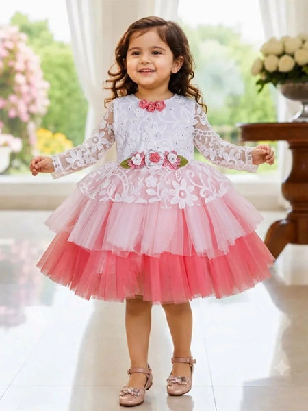 Devils N Angels White & Pink Floral Party Frock for Baby Girls 9-12 Months | Jaipur