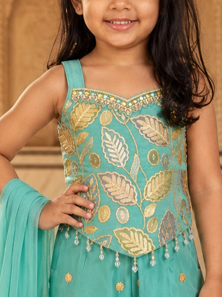 Girls' sea green sharara set with gold leaf-embroidered sweetheart-neck top and dupatta, view 2