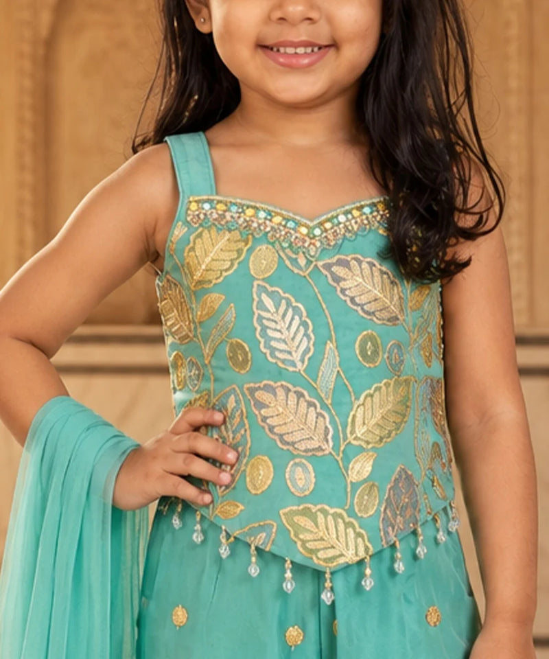 Girls' sea green sharara set with gold leaf-embroidered sweetheart-neck top and dupatta, view 2