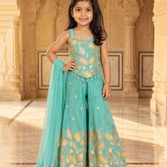 Girls' sea green embroidered sharara set with gold leaf work, bead tassels and sheer dupatta by Devils N Angels Jaipur