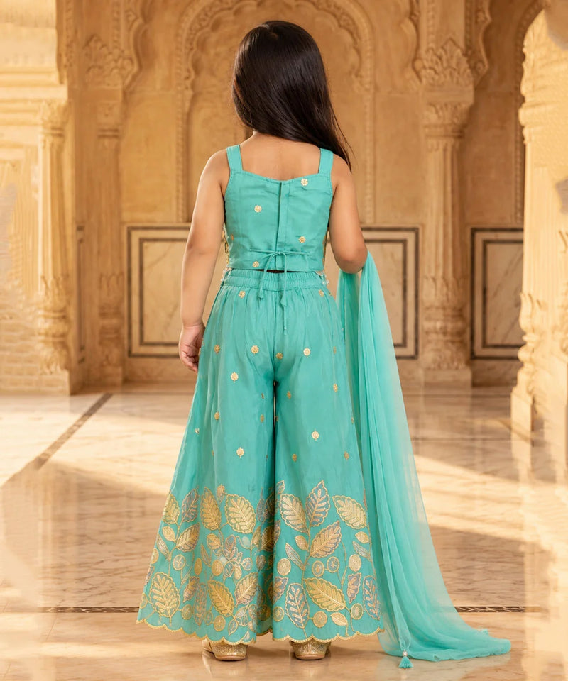 Girls' sea green sharara set with embroidered scalloped border, Devils N Angels Jaipur, view 3