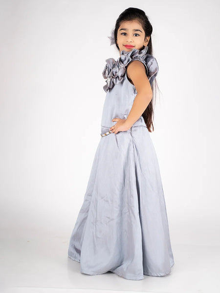 grey floral long gown for girls 