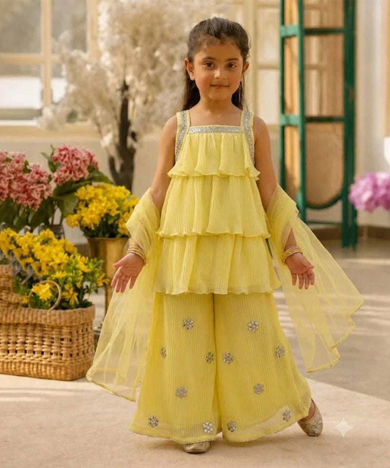 Devils N Angels Yellow Layered Sharara Set for Baby Girls Wedding Wear 0–6 Months | Jaipur