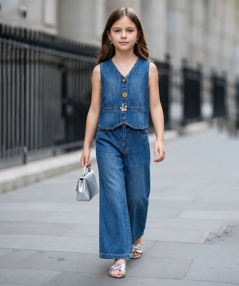 A young girl walking on a city sidewalk wearing a sleeveless blue denim vest and matching wide-leg denim pants, holding a small silver handbag.