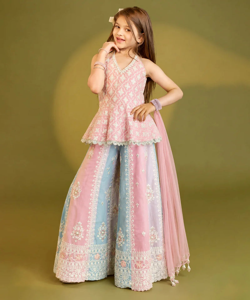 A young girl modeling a traditional Indian outfit consisting of a light pink embroidered sleeveless top, wide-leg pink and light blue pants with white embroidery, and a matching sheer pink dupatta, set against a solid olive green studio background.