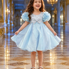 Ice-blue baby girl princess frock with sparkling silver bodice and full flare