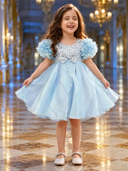 Ice-blue baby girl princess frock with sparkling silver bodice and full flare
