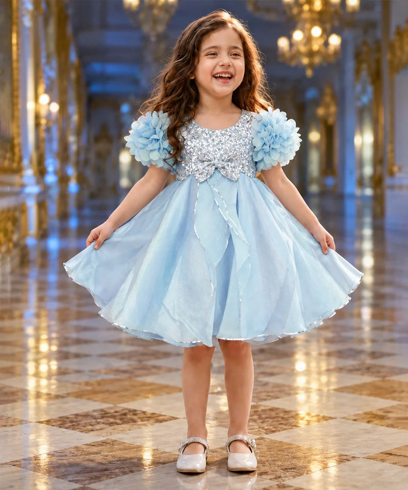 Ice-blue baby girl princess frock with sparkling silver bodice and full flare