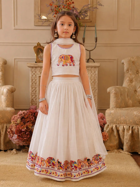White Elephant Embroidered Girls Lehenga Choli | Kids Lehenga Jaipur