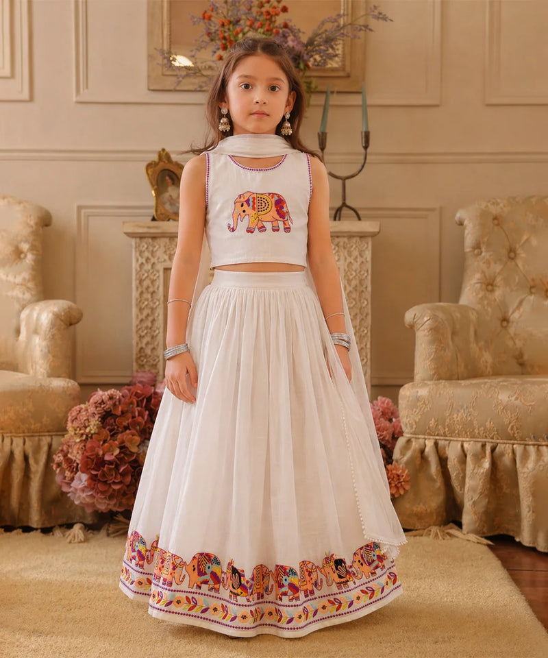 White Elephant Embroidered Girls Lehenga Choli | Kids Lehenga Jaipur