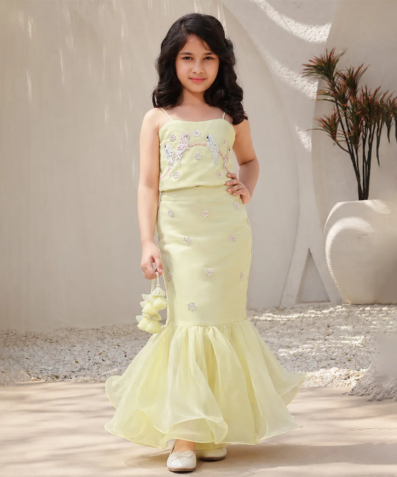 Girl wearing a light green crop top lehenga set