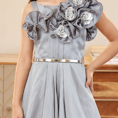 Girls' grey floral party gown with metallic belt, view 2