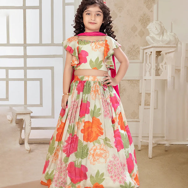 Girls' multi-color floral printed lehenga set with chiffon dupatta, Jaipur

