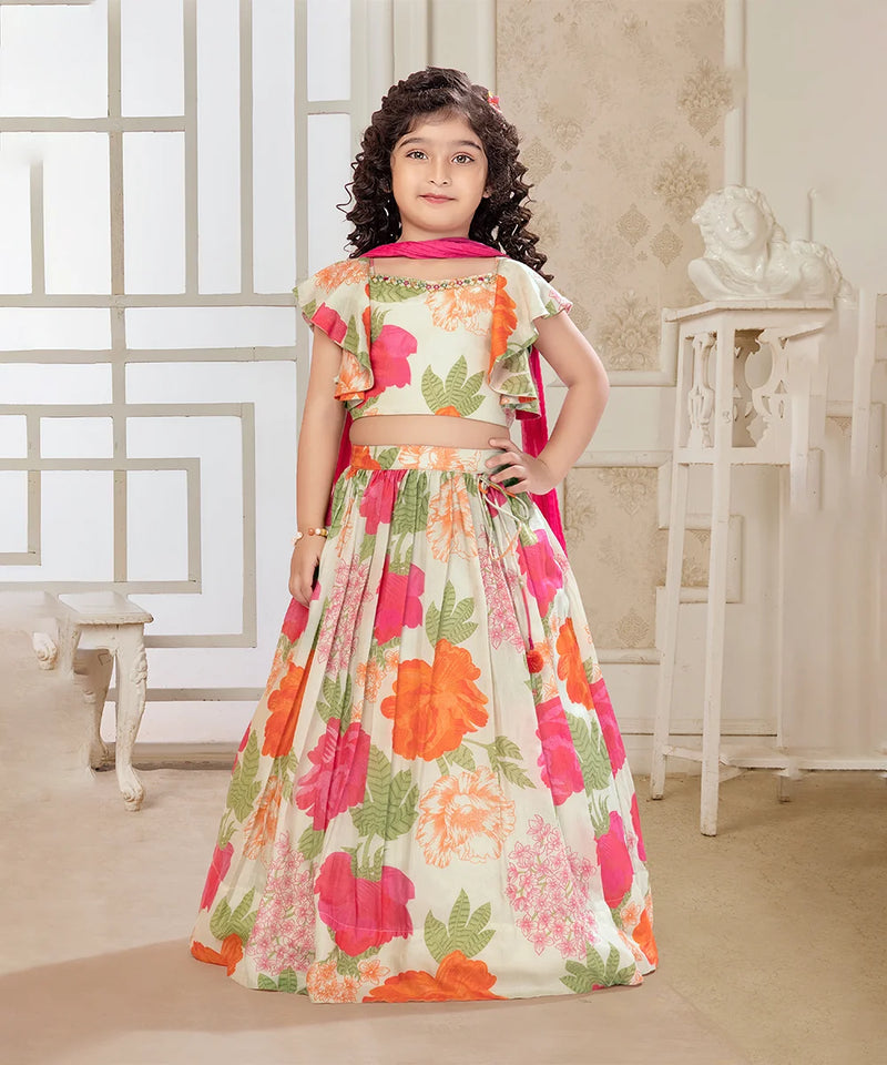 Girls' multi-color floral printed lehenga set with chiffon dupatta, Jaipur

