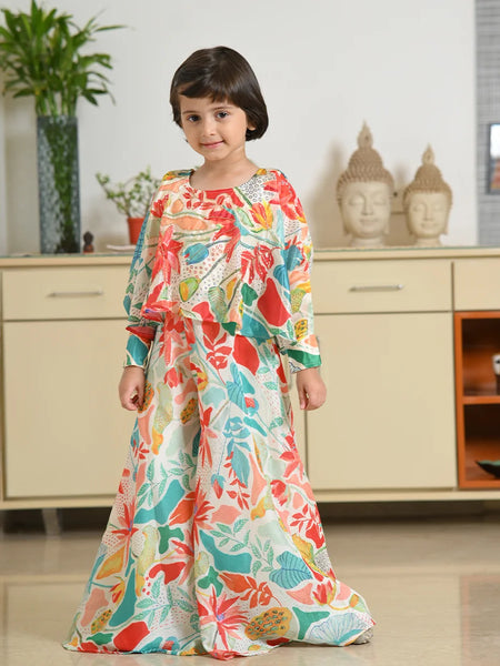Girls' multicolor printed palazzo set with blend fabric and floral-leaf design, Jaipur