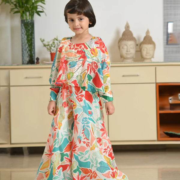Girls' multicolor printed palazzo set with blend fabric and floral-leaf design, Jaipur