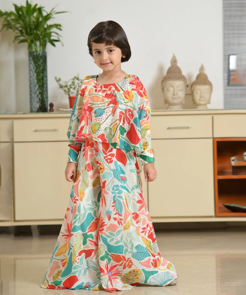 Girls' multicolor printed palazzo set with blend fabric and floral-leaf design, Jaipur