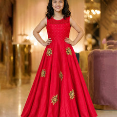 Girls' red silk party gown with gold embroidery