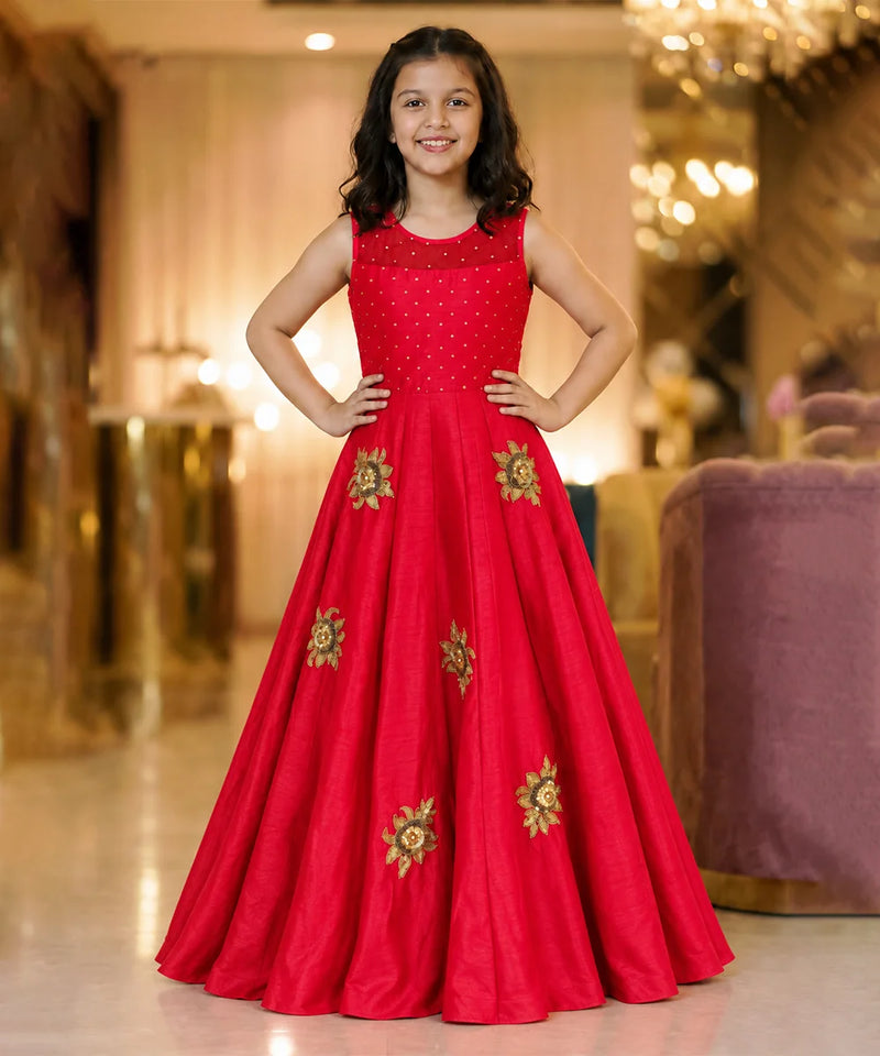 Girls' red silk party gown with gold embroidery