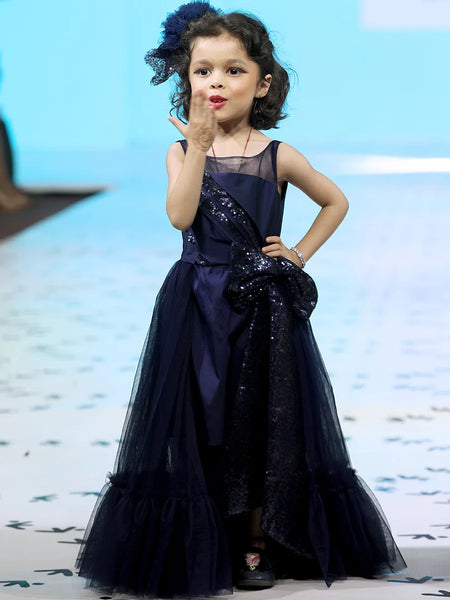 navy blue shimmer party wear gown for girls 