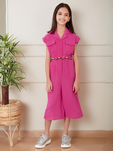  It is a pink Colored Jumpsuit with an elasticated waist for girls. It features a matching belt.