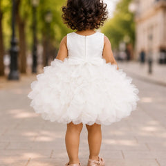 A toddler girl viewed from behind wearing a sleeveless white tulle flower girl dress with a large bow at the back and a fluffy tiered skirt, standing on a paved street with blurred trees and buildings in the background.