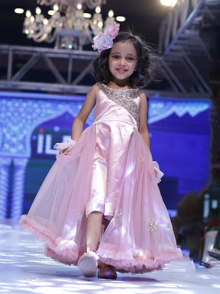 beautiful pink shimmer gown with net trail for girls 