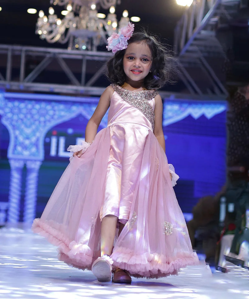 beautiful pink shimmer gown with net trail for girls 