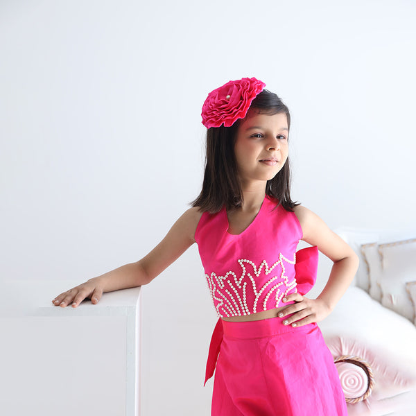 party wear fashionable neon pink co-ord set for girls 