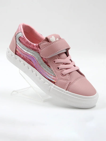 Pink children's sneaker with a white sole on a light gray background