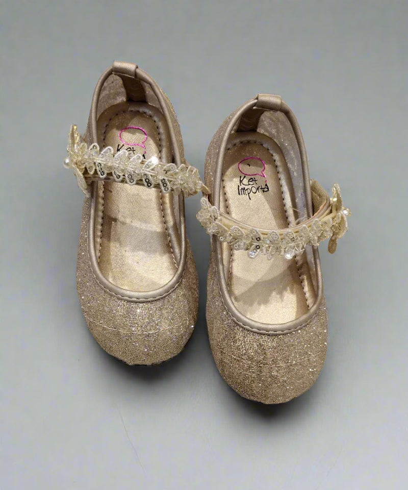Elegant gold party shoes for girls featuring butterfly accent and sparkling finish, Jaipur