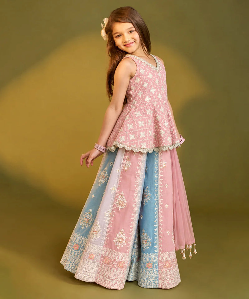 A young girl modeling a traditional Indian outfit consisting of a pink sleeveless kurta with white embroidery and a matching wide skirt in pink and light blue with intricate floral patterns and borders, set against a solid olive green studio background.