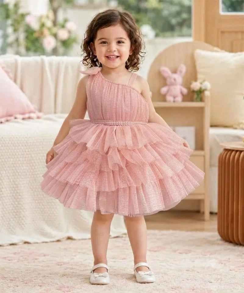 Devils N Angels Peach One-Shoulder Frill Party Frock for Baby Girls 9-12 Months | Jaipur