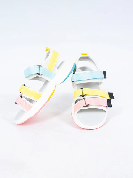 Girls' pastel colorblock summer sandals with pink, yellow, and blue straps, Jaipur, ages 1–8 years