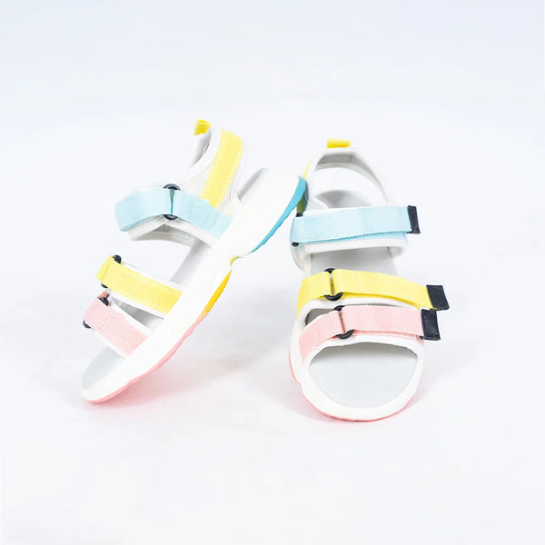 Girls' pastel colorblock summer sandals with pink, yellow, and blue straps, Jaipur, ages 1–8 years
