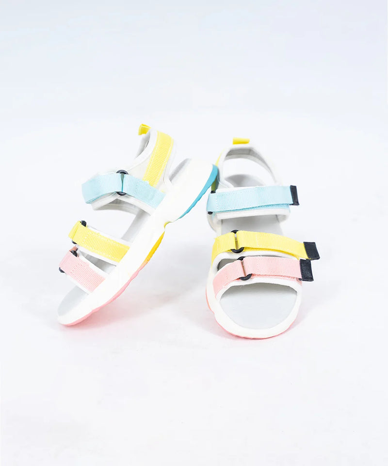 Girls' pastel colorblock summer sandals with pink, yellow, and blue straps, Jaipur, ages 1–8 years