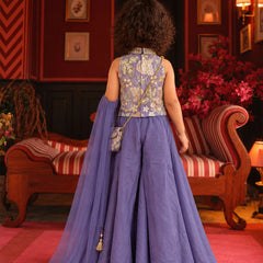 Girls' purple festive sharara set with sheer dupatta and embroidered sling bag, view 3