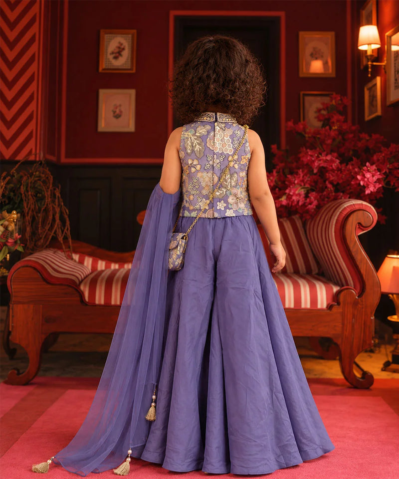 Girls' purple festive sharara set with sheer dupatta and embroidered sling bag, view 3