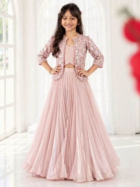Pink sequin jacket lehenga set for girls with embroidered jacket and flowy skirt for weddings and parties