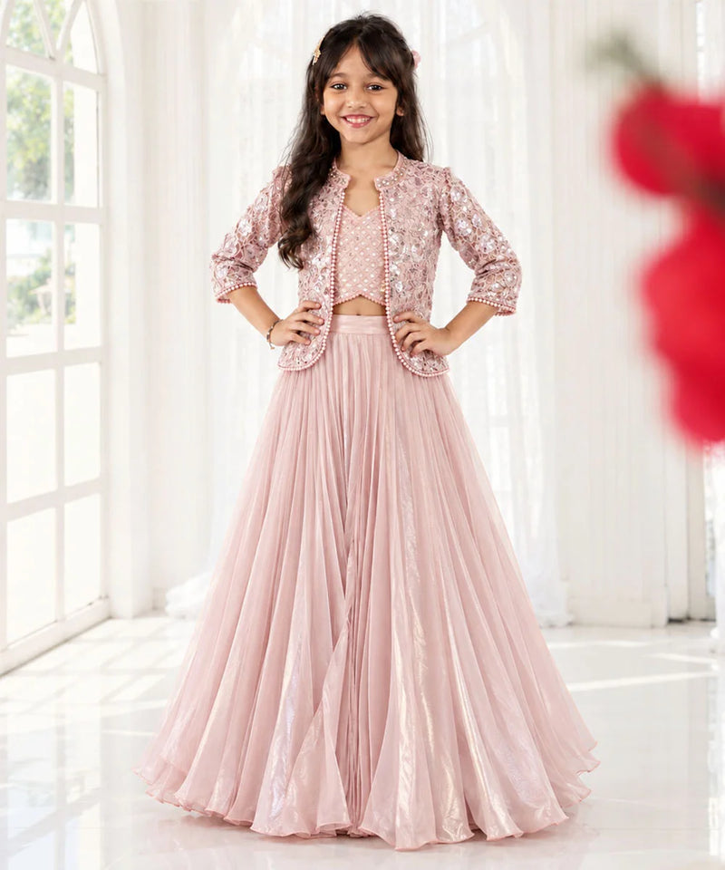 Pink sequin jacket lehenga set for girls with embroidered jacket and flowy skirt for weddings and parties